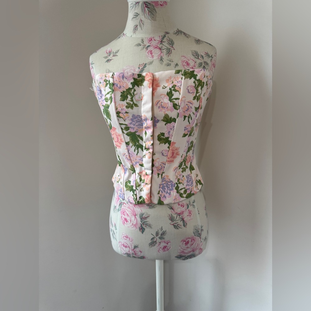 Zara Floral Strapless Corset Top in Pink with Green Accents
